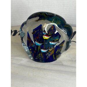 Handcrafted Murano Glass Paperweight With Vibrant Underwater Scene & Fish
